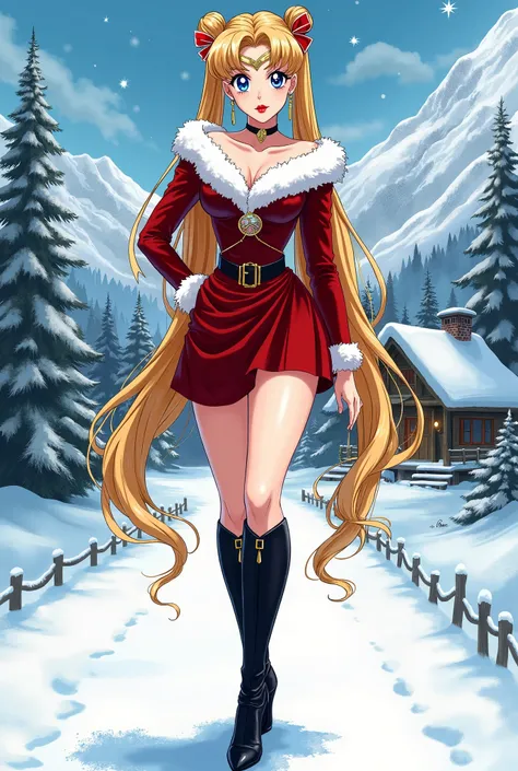 Draw an illustration of Sailor Moons full body. She is an attractive adult woman. She has long blonde hair, two pigtails combed to the side, and blue eyes. She has a curvy body. He is about 29 years old. She has red lips and evening makeup. She is a top mo...