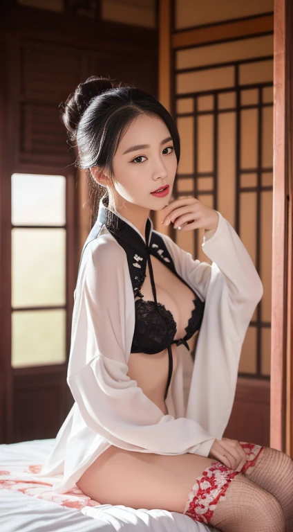 (ultra realistic 8k CG:1.2),realistic nude photography ,delicate pattern,intricate detail, (unparalleled masterpiece,best quality:1.2),(extremely intricate:1.2),a  old beautiful  Hanfu period Japanese woman in a white dress, Fan Bing Bing face like ,H-cup ...