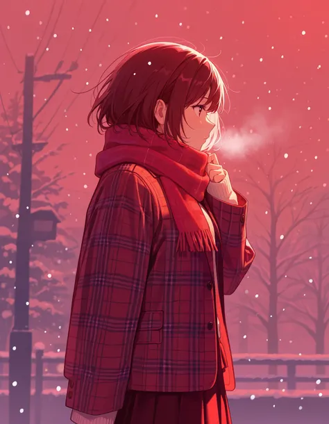 colorful, 1girl, jacket, long sleeves, plaid, plaid jacket, profile, scarf, silhouette, sleeves past wrists, snowing, short hair, hand up, red theme, skirt, solo, looking afar, from side, masterpiece, best quality, newest, very awa