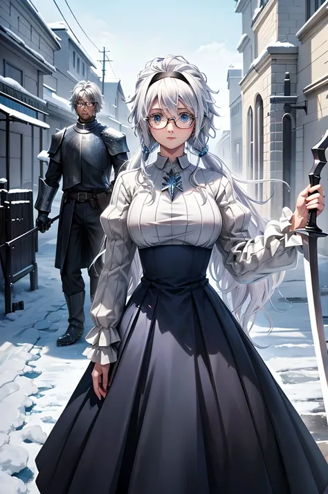 2 people, one man, one woman.arafed man with curly hair, with glasses and a black suit of armor, full knight armor and weilding a black scythe, high quality picture, professional picture, masterpiece, highres, snowy blizzard, standing next to a white haire...