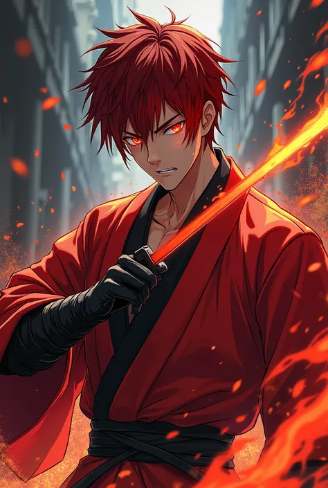 Manga style: male sex, dark red hair, short with flames around his eyes, scarlet red eyes, a bright dark red katana, a red and black kimono, between 10 and 