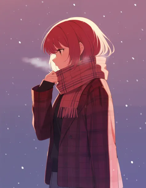 colorful, 1girl, jacket, long sleeves, plaid, plaid jacket, profile, scarf, silhouette, sleeves past wrists, snowing, short hair, hand up, red theme, skirt, solo, looking afar, from side, masterpiece, best quality, newest, very awa