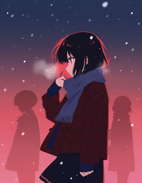 colorful, 1girl, jacket, long sleeves, plaid, plaid jacket, profile, scarf, silhouette, sleeves past wrists, snowing, short hair, hand up, red theme, skirt, solo, looking afar, from side, masterpiece, best quality, newest, very awa