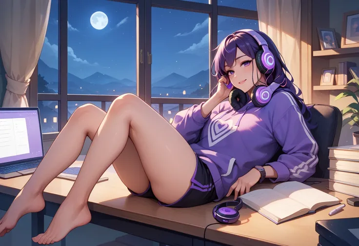 Lofi girl sitting at desk listening to music with headphones，Look out the window at night，Relaxing and comfortable bedroom environment at night，purple mood light