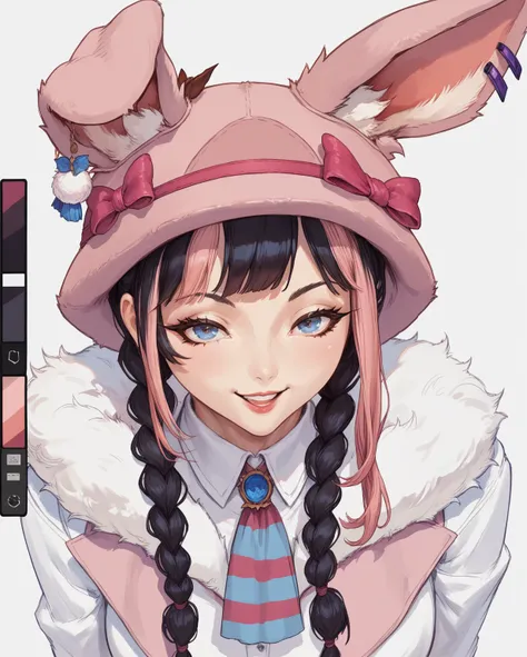 (masterpiece, anthropomorphic fantasy anime style, creative art), solo, a close-up of a drawing of a girl with a pink bunny hat, moe punk, anime digital illustration, painted in anime painter studio, trend in art, procreate illustration, manga digital art,...