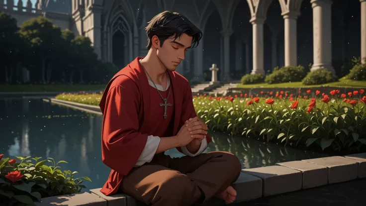 man praying,  strong man, red tunic, white sleeves, brown pants, armor breastplate,  well lit ,  depth of field,  full body,  silver crucifix necklace, silver rings ,  short hair,  black hair,  wet hair, barba, highly detailed,  high contrast ,  best quali...