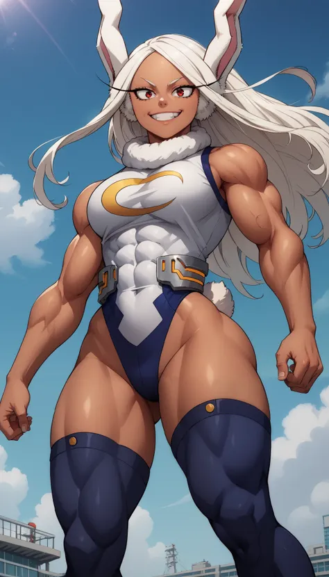 score_9, score_8_above, score_7_above, source_anime, from below, Alone, 1 , Rumi Usagiyama,  long hair,  animal ears,  white hair,  dark skin,  rabbit ears , dark-skinned female, Muscular, girl rabbit, muscular female,  Red eyes, fringe parted,thighhighs, ...