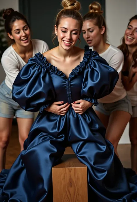 (realistic photograph close up sideways NSFW), (a pleased beautiful European orgasm lady with (messy hair bun), she is wearing (an elaborate big shiny blue silk gown with (long gigantic puff sleeves), (and an ultra high narrow stand-up collar with a gigant...