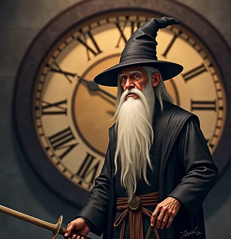  hands. The image is a digital illustration of an old man with a long white beard and a black hat .  The man stands in front of a large clock with Roman numerals and .  The man holds a sword in his right hand and appears to be looking at a distance and a s...