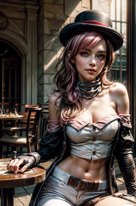 pink and brown hair, multicolored hair, neopolitanatlas, bowler hat, grey scarf, white gloves, white shirt, off-shoulder shirt, black sleeves, midriff, white belt, white pants, smile, outdoors, sitting at a table, playing chess, chess board, chess pieces, ...