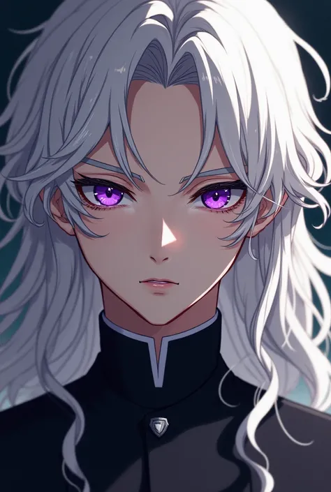  A white guy with white curly curls long to the chest and purple eyes in full face in a church uniform. Looks like a griffith. The man is cunning and charming semi-anime and semi-realism. Man long curls