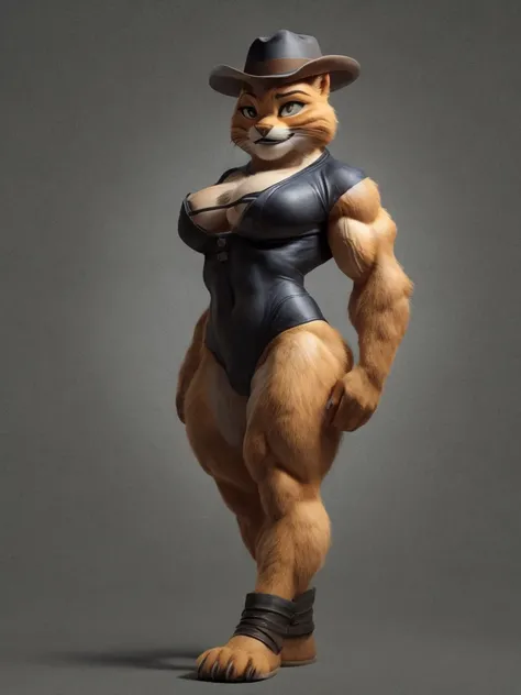 Puss in Boots, Muscular, Medium Breasts, DreamWorks Animated, Half-Suit Top, Half-Leotard Bottom, ((Wearing a fedora hat)), 3:1 Hip to leg ratio