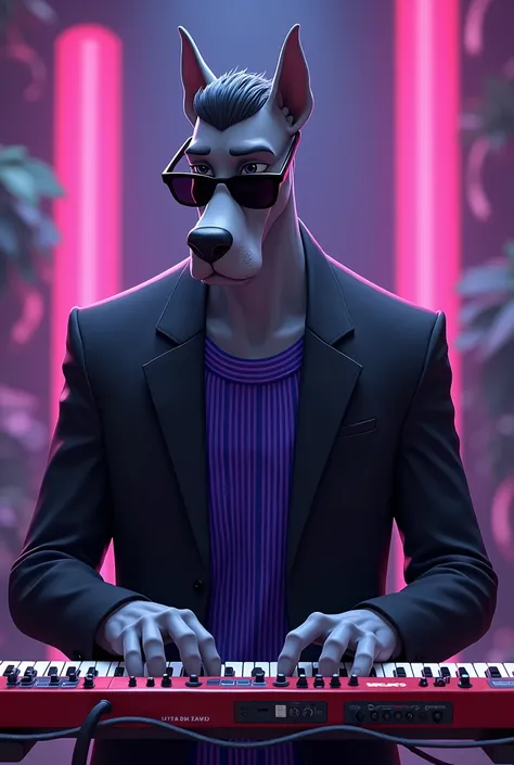 Tall, Male with grey Great Dane face, medium high flat-top haircut, Black suit jacket with purple and royal blue vertical striped muscle shirt, wearing black sunglasses, playing several synthesizers, looking lower left, pov front and above, drawn in the st...