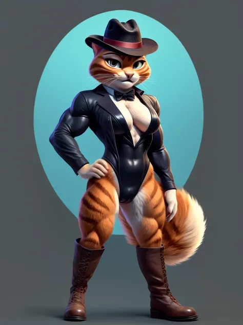 Puss in Boots, Muscular, Medium Breasts, DreamWorks Animated, Half-Suit, Half-Leotard, ((Wearing a fedora hat)), 3:1 Hip to leg ratio