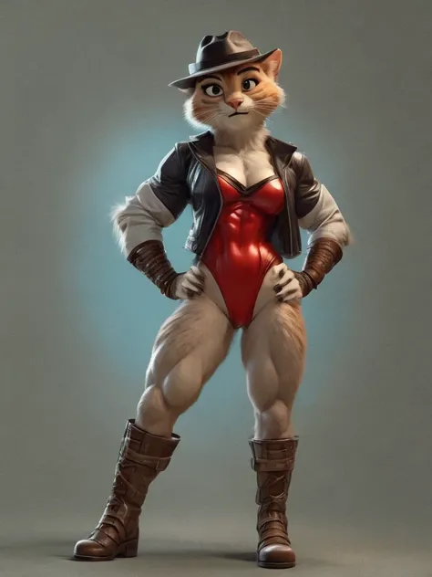 Puss in Boots, Muscular, Medium Breasts, DreamWorks Animated, Half-Suit, Half-Leotard, ((Wearing a fedora hat)), 3:1 Hip to leg ratio