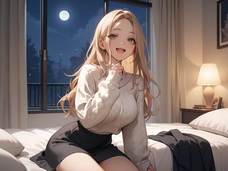 a long haired blond woman ,happy, open mouth, big breasts, slim body, white sweater, black black skirt, and a man sitting watching movies together, bedroom, night, light turned off