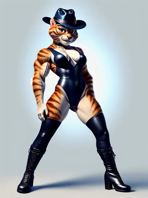 Puss in Boots, Muscular, Medium Breasts, DreamWorks Animated, Half-Suit Top, Half-Leotard Bottom, ((Wearing a fedora hat)), 3:1 Hip to leg ratio