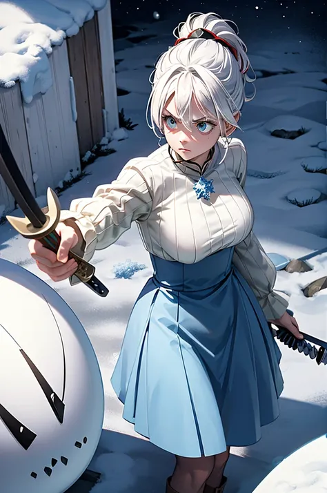 swordswoman stabbing a snowman with a sword with a look of hatred