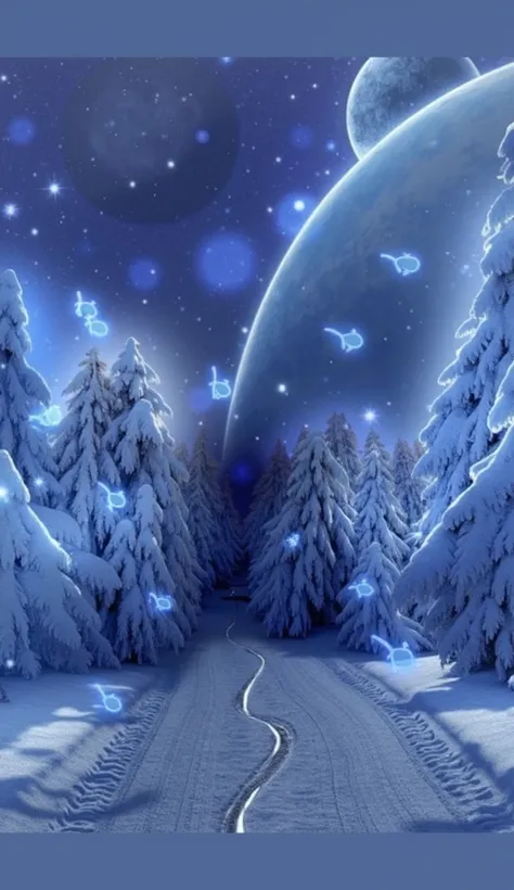 A winter fairy-tale miracleous forest with empty path in the middle, dark night with full moon in blue shades