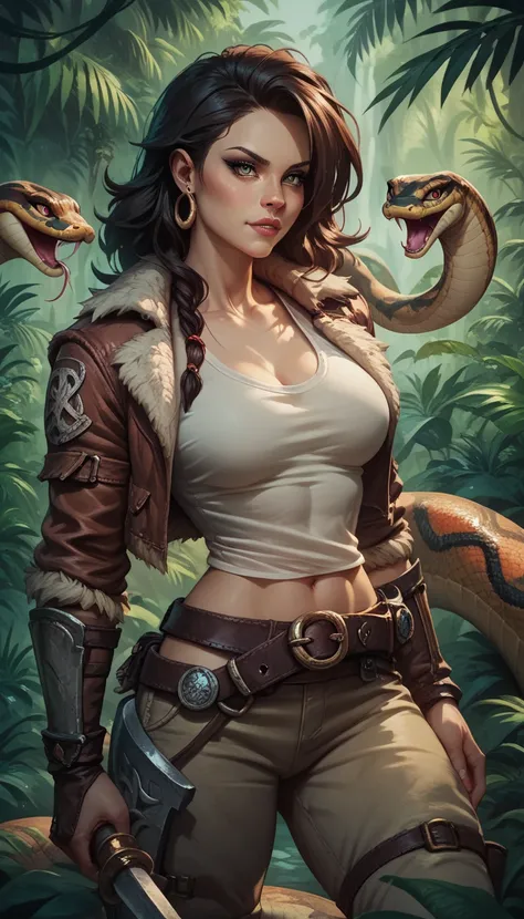 score_9, score_8_up, score_7_up, score_6_up,feral, feral snake, female, barbarian, gauntlets, pauldrons, belt, pants, shirt, fur-trimmed jacket, jungle