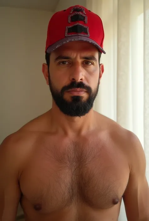 A 38-year-old man,  of athletic build ,  with short hair and a well-trimmed beard .  He wears a red cap with striking details that adds a casual touch to his appearance.  His bare torso shows a muscular and defined chest with natural hair . He is in a simp...