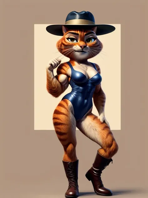 Puss in Boots, Muscular, Medium Breasts, DreamWorks Animated, Half-Suit, Half-Leotard, ((Wearing a fedora hat)), 3:1 Hip to leg ratio