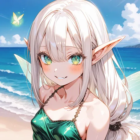 1 youthful fairy, portrait, close-up, (Small and slim body 1.7), (shiny pale skin 1.6), (fairy wings 1.8), (large pointy ears 1.4), (big emerald eyes 1.6), (low-tied long white hair 1.5),  medium lips, (very small perky breast 1.4), (happy face 1.8), (flyi...