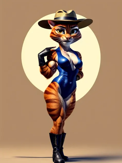 Puss in Boots, Muscular, Medium Breasts, DreamWorks Animated, Half-Suit, Half-Leotard, ((Wearing a fedora hat)), 3:1 Hip to leg ratio