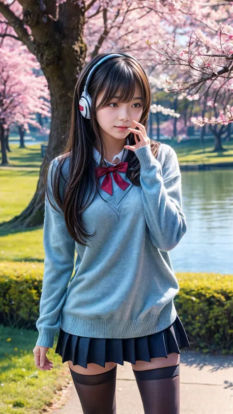  1 girl wearing a long-sleeved sweater to cover her uniform  .  she also wears black tights and wears headphones around her neck. In most cases,  she has bangs partially covering her eyes , small breasts,  blue eyes, Black hair with red lines of hair ,  by...