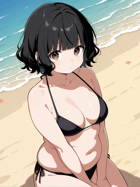 female, short hair, wavy hair, black hair, straight bangs, big brown eyes, light skin, chubby body, medium breasts, beach drawing