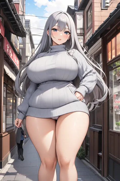 Big Breasts、thick buttocks 、 long hair on background、 grey sweater、Older sister、Around town、 sexy