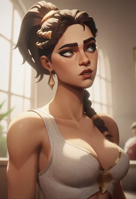 One girl, beautiful face, detailed face, young girl, soft skin, retrato, (Fortnite), long ponytail, tanned skin, brown hair, black eyes, big breasts, looking aside