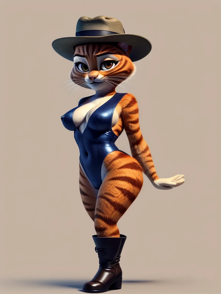 Puss in Boots, Medium Breasts, Wide Hips, Narrow Torso, DreamWorks Animated, Half-Suit, Half-Leotard, ((Wearing a fedora hat)), 3:1 Hip to leg ratio