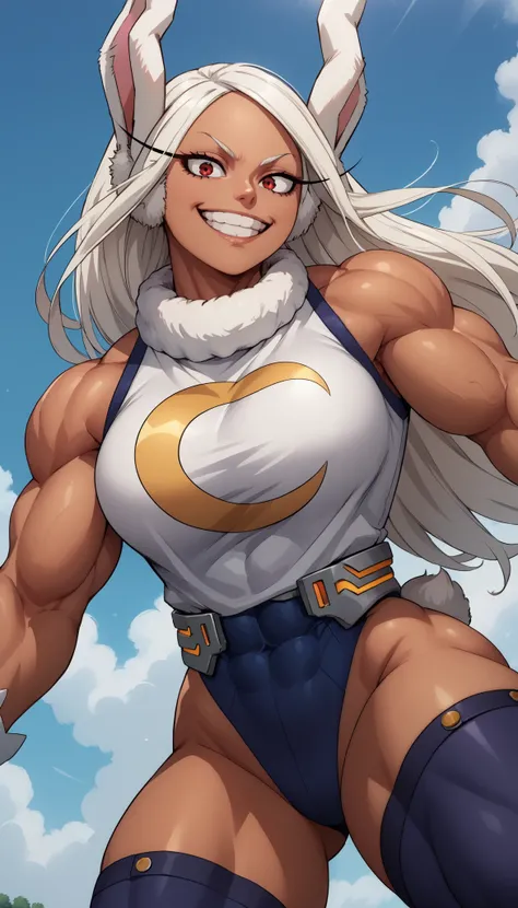 score_9, score_8_above, score_7_above, source_anime, from below, Alone, 1 , Rumi Usagiyama,  long hair,  animal ears,  white hair,  dark skin,  rabbit ears , dark-skinned female, Muscular, girl rabbit, muscular female,  Red eyes, fringe parted,thighhighs, ...