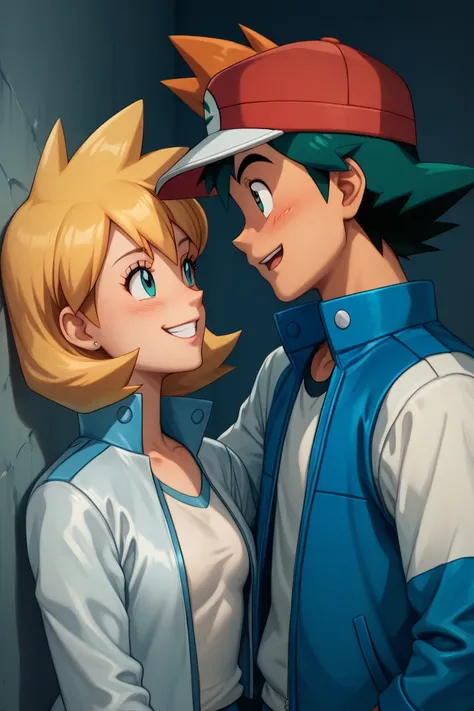 highly detailed, (couple), hetero, (duo focus), highres, 1man, 1woman, BREAK, 1man, ash ketchum, ashxyz, aged up, dark blue jacket, red hat, smiling, BREAK, 1woman, Misty_G2, small breasts, White jacket,