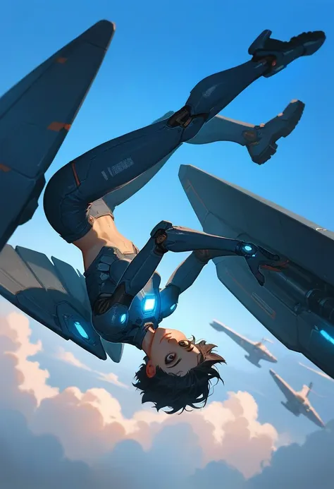 score_9, score_8_up, score_7_up, Werewolf, tomboy, solo, sharp eyes, detailed and clean, half eye, glowing skin, dark hair, short hair, small breasts, mecha wings, mecha armor, mecha ears, jet pack, flying, upside down, falling, blue sky, facial focus, loo...