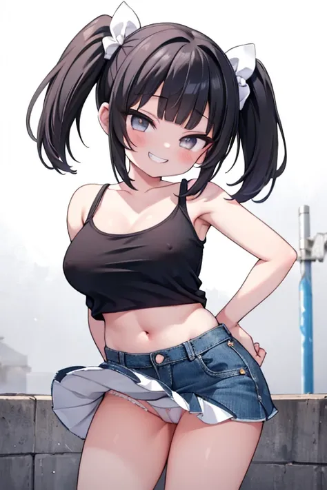 (8K、Highest quality、highest quality、masterpiece)、Detailed face、One girl、 Black Hair、short hair、twintails、blunt bangs、Grey Eyes、evil smile、((Grin))、middle breasts、((White camisole))、((Denim mini skirt))、Cowboy Shot、((bent over))、Back Alley Background、Very l...