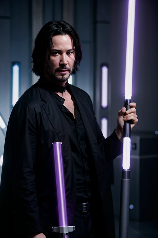 Keanu Reeves, as Neo, from Matrix, as a Jedi Knight, with two purple lightsabers