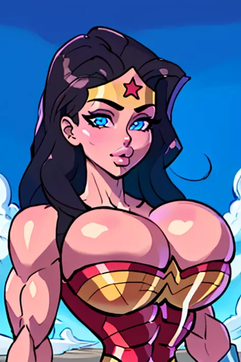 (High-definition CG), (    top quality ), (High-definition CG), (    top quality ), (Overall view)  cool and handsome face with a beard  ,      Wonder Woman costume    ,       beautiful young woman , 18 years old,        toned musculature     ,  Cool and c...