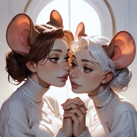 Twins, mouse girls, short fluffy white hair, big round mouse ears, white sweaters, holding hands, ((dark brown eyes)), couple, beautiful, glossy lips, detailed eyes  