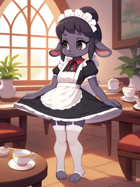 furry female woolly sheep , Big mansion, maid
 , Tall, long eyelashes, deep dark eyes, beautiful hair, beautiful bone structure 
, erotica , A garter belt , ( stand up on the table , Pour pee into a teacup at feet , dripping pee) , teacup on the feet
, Mat...