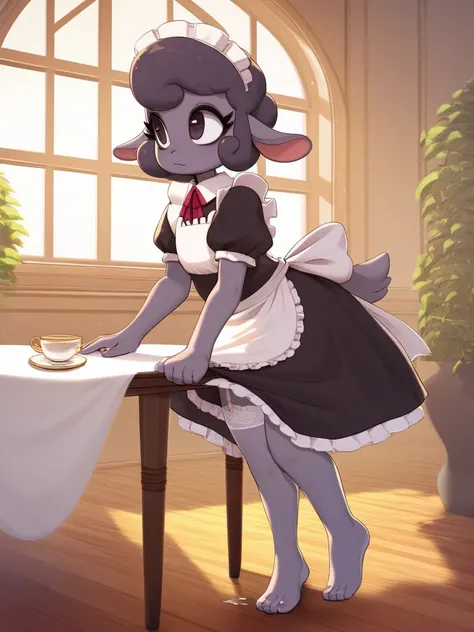 furry female woolly sheep , Big mansion, maid
 , Tall, long eyelashes, deep dark eyes, beautiful hair, beautiful bone structure 
, erotica , A garter belt , ( stand up on the table , Pour pee into a teacup at feet , dripping pee) , teacup on the feet
, Mat...