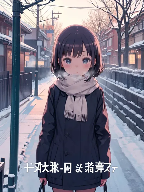  high school girl、 cute、Winter landscape、Breathing white breath 、 steam 、Japanese residential area、bus、 scarf、Wear warm clothes、 comments、looking at the viewer、