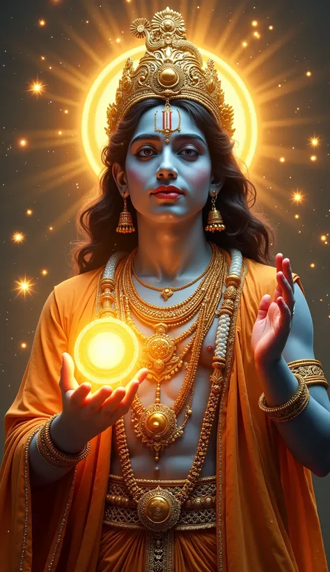 Cosmic Lord Krishna
"Lord Krishna depicted as the cosmic protector, surrounded by a glowing aura of golden light. His serene face radiates wisdom and compassion. The Sudarshana Chakra floats above his hand, emanating soft energy, while celestial patterns a...