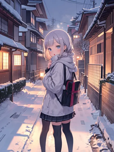  high school girl、 cute、Winter landscape、Breathing white breath 、 steam 、Japanese residential area、bus、 scarf、Wear warm clothes、 comments、looking at the viewer、 Looking Back、Open your mouth、