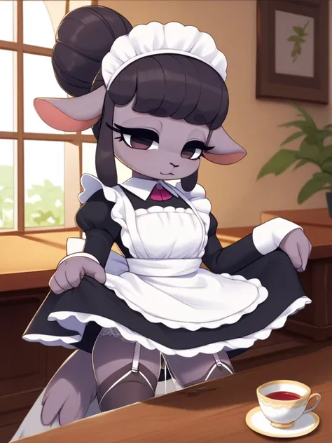 furry female woolly sheep , Big mansion, maid
 , Tall, long eyelashes, deep dark eyes, beautiful hair, beautiful bone structure 
, erotica , A garter belt , ( squat on the table , Pour pee into a teacup , dripping pee) , teacup on the table
, Mature , Euph...