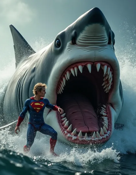 A massive great white shark, jaws agape, lunges at a Henry Cavill with classic superman suit , sun-bronzed surfer with tousled blonde hair. Hyper-realistic details capture glistening water droplets, terror in the surfers eyes, and the sharks razor-sharp te...