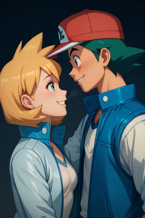 highly detailed, (couple), hetero, (duo focus), highres, 1man, 1woman, BREAK, 1man, ash ketchum, ashxyz, aged up, dark blue jacket, red hat, smiling, BREAK, 1woman, Misty_G2, small breasts, White jacket,