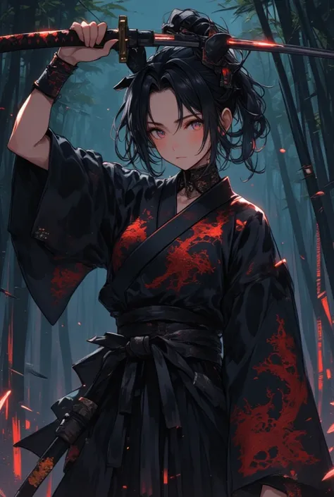 (masterpiece) best quality, perfect face, expressive eyes, (a female wearing a black karati gi with red dragon artwork), wielding a nodachi, one handed and over their head, pointing sword forward, in low stance, hand out, nighttime, bamboo forest backgroun...