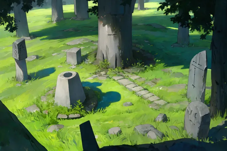 An open space with ancient stone circles, an altar with glowing runes, and ancient trees as pillars, in the background